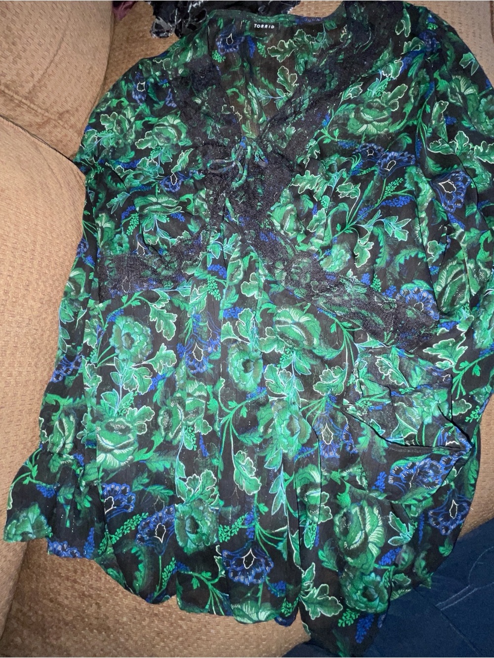 torrid Black Floral Blouse with Green & Blue Print